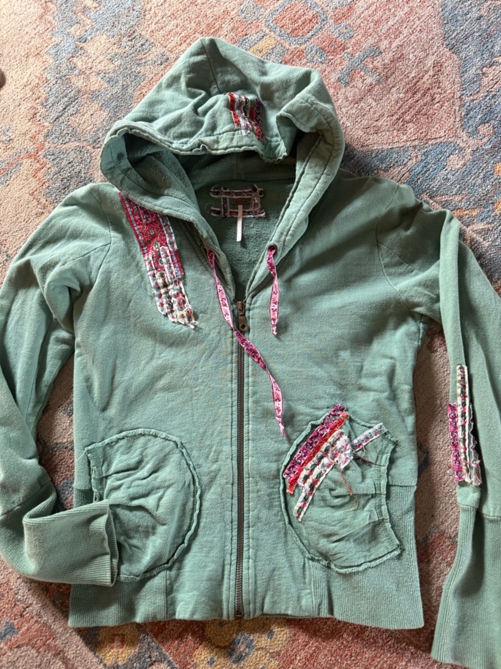 Free People Sage Green Zip Hoodie with Pink Patch Accents